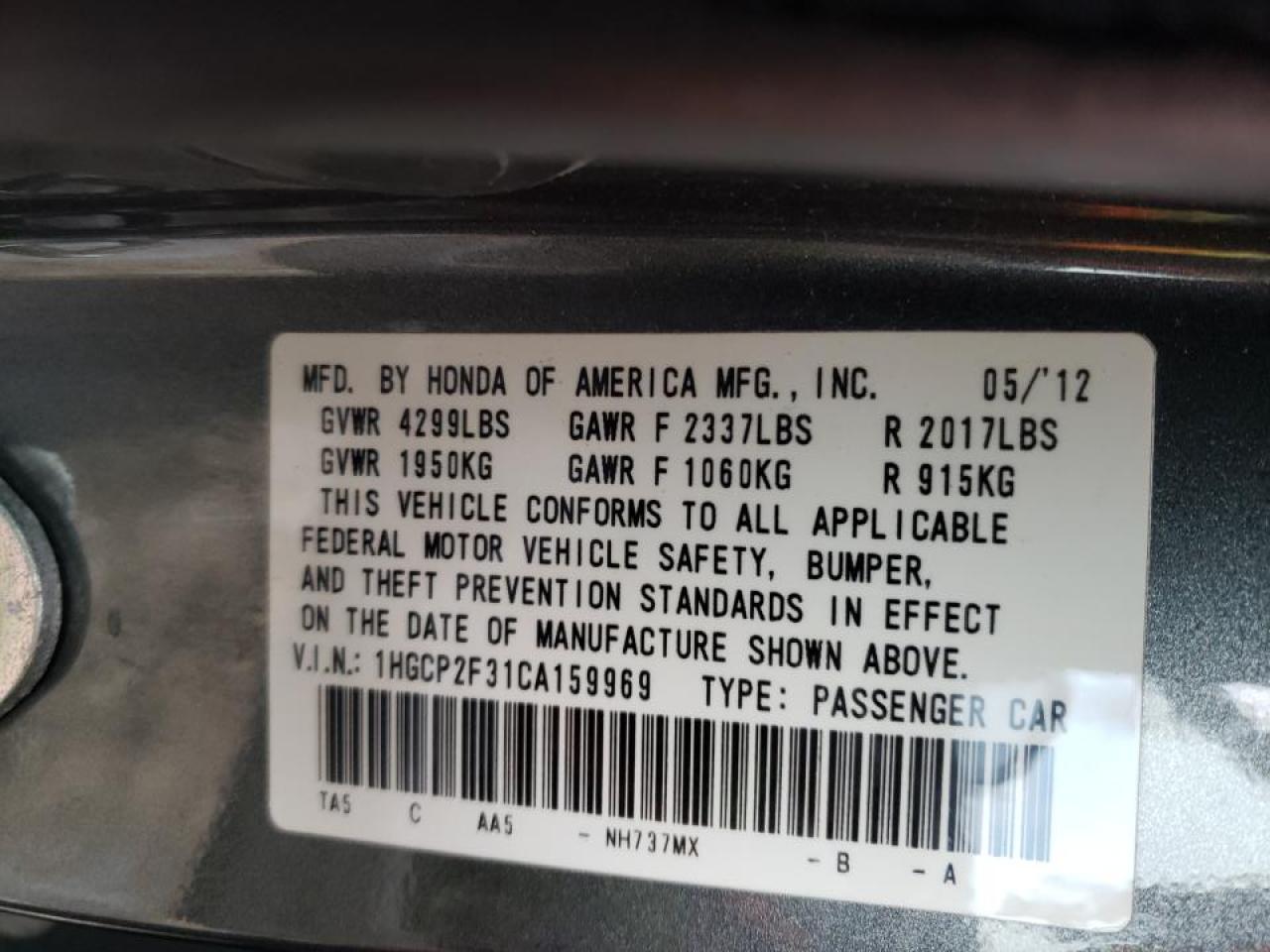 Photo 10 from auction – 2012 HONDA ACCORD LX with VIN 1HGCP2F31CA159969