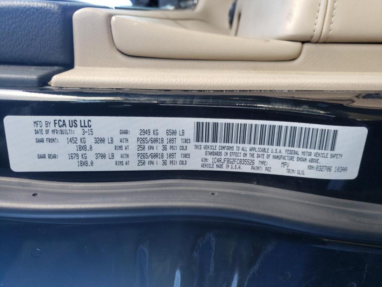 Photo 10 from auction – 2015 JEEP GRAND CHER with VIN 1C4RJFBG2FC835526