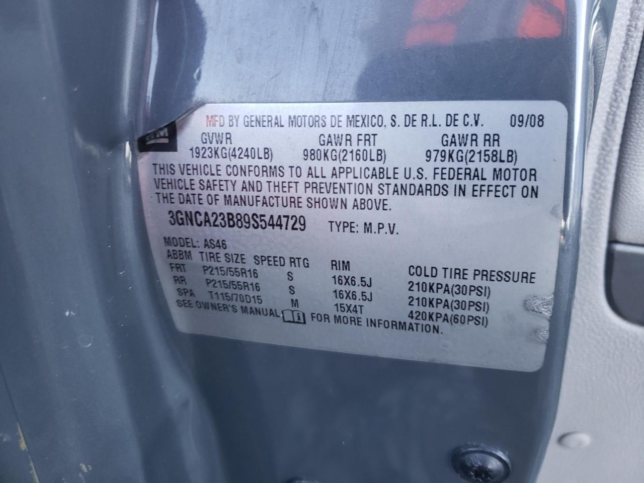 Photo 10 from auction – 2009 CHEVROLET HHR LT with VIN 3GNCA23B89S544729