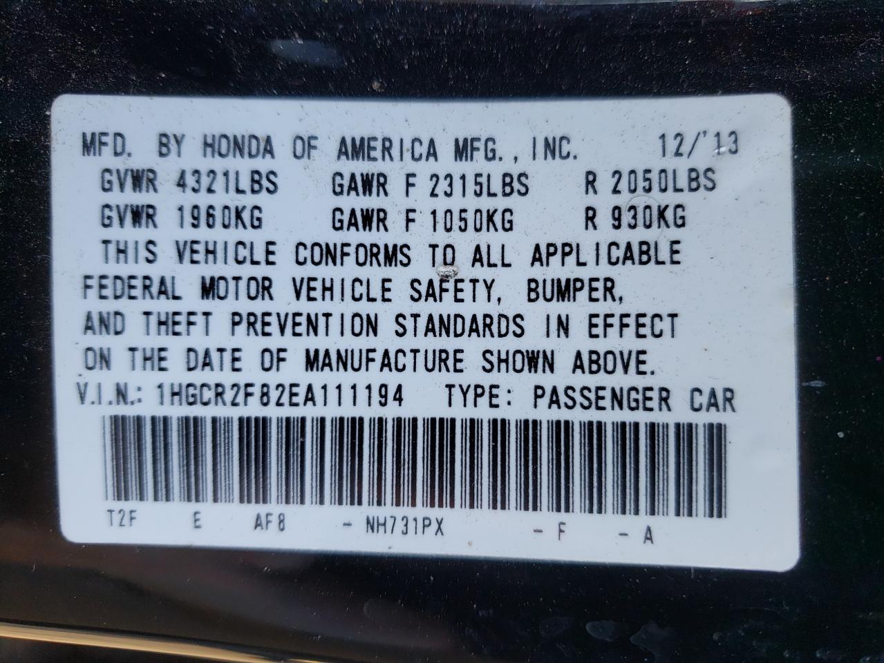 Photo 10 from auction – 2014 HONDA ACCORD EXL with VIN 1HGCR2F82EA111194