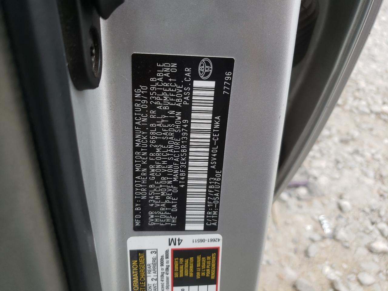 Photo 10 from auction – 2011 TOYOTA CAMRY BASE with VIN 4T4BF3EK5BR139749