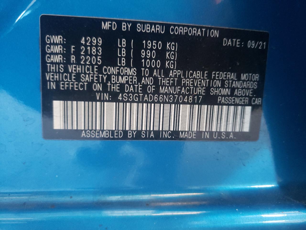 Photo 10 from auction – 2021 SUBARU IMPREZA PR with VIN 4S3GTAD66N3704817