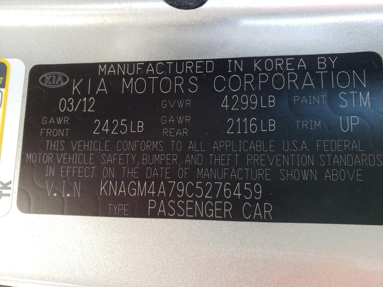 Photo 10 from auction – 2012 KIA OPTIMA LX with VIN KNAGM4A79C5276459