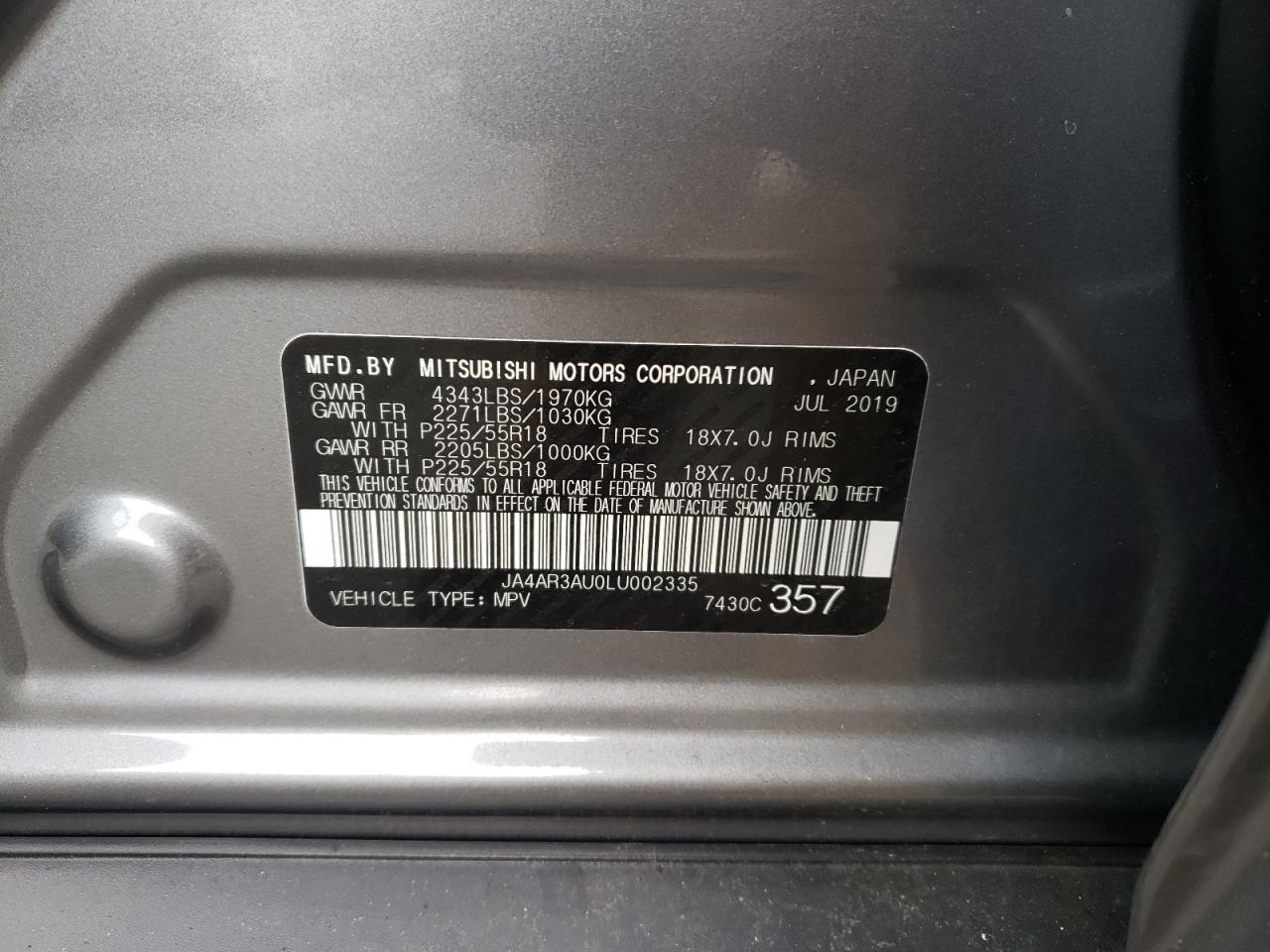 Photo 10 from auction – 2020 MITSUBISHI OUTLANDER with VIN JA4AR3AU0LU002335