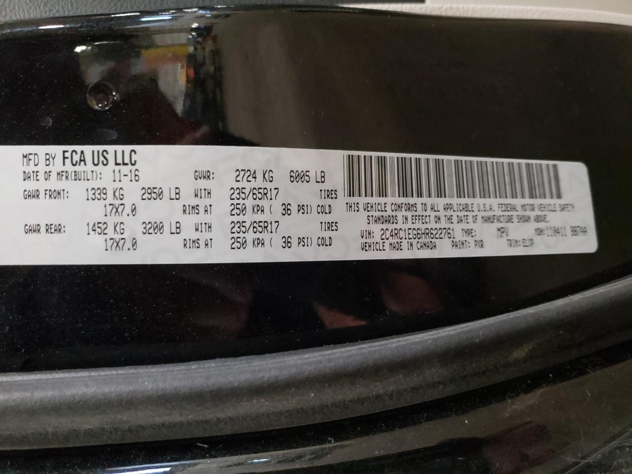 Photo 10 from auction – 2017 CHRYSLER PACIFICA T with VIN 2C4RC1EG6HR622761