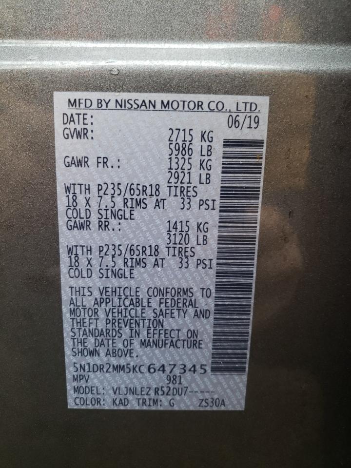 Photo 10 from auction – 2019 NISSAN PATHFINDER with VIN 5N1DR2MM5KC647345