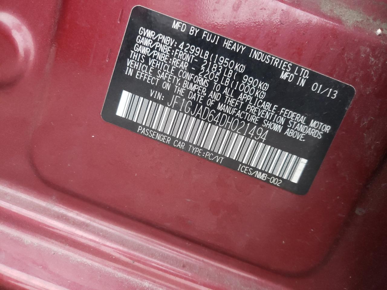 Photo 10 from auction – 2013 SUBARU IMPREZA PR with VIN JF1GJAD64DH021494