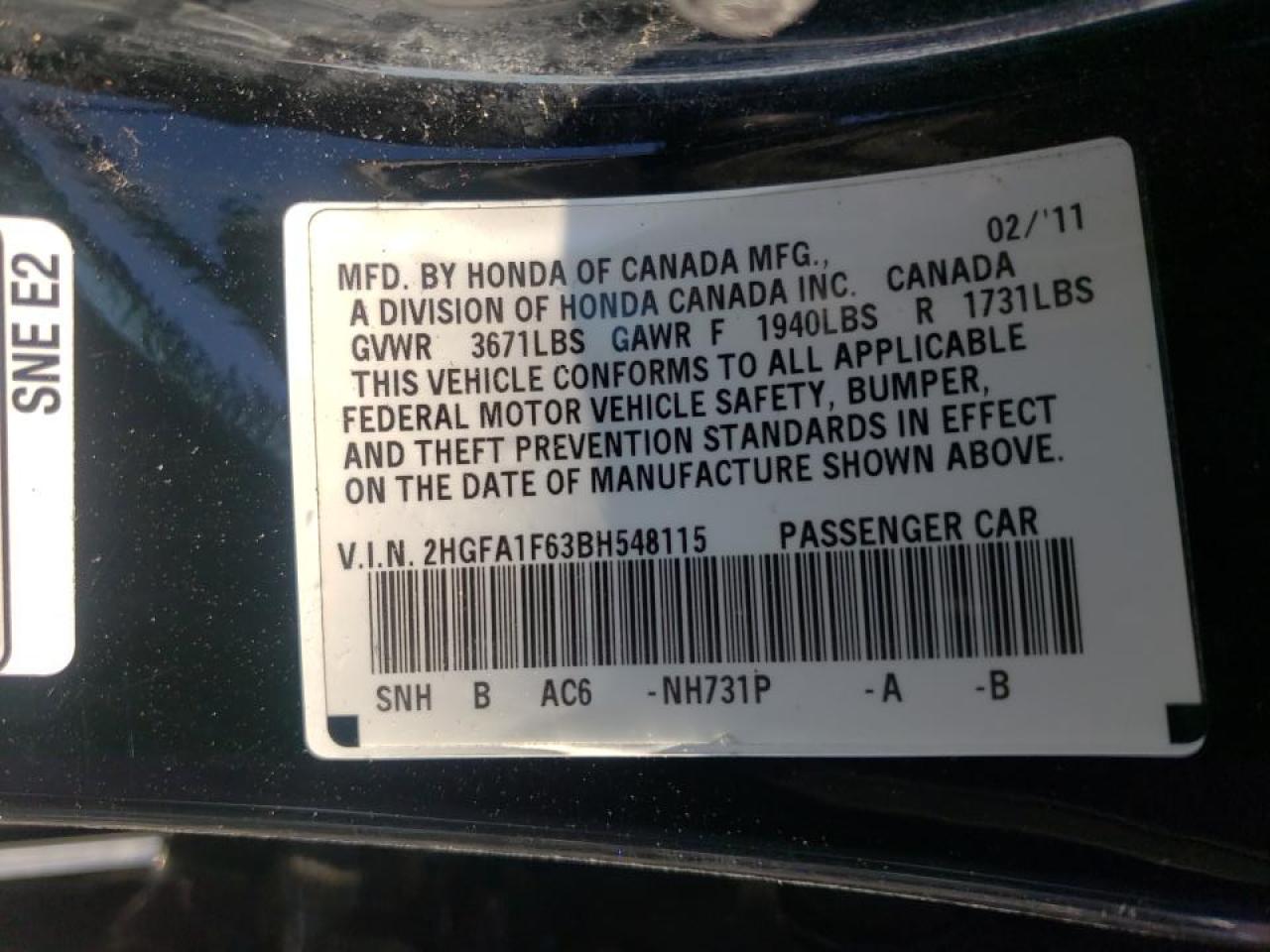 Photo 10 from auction – 2011 HONDA CIVIC LX-S with VIN 2HGFA1F63BH548115