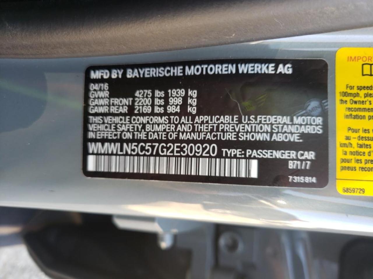 Photo 10 from auction – 2016 MINI COOPER CLU with VIN WMWLN5C57G2E30920