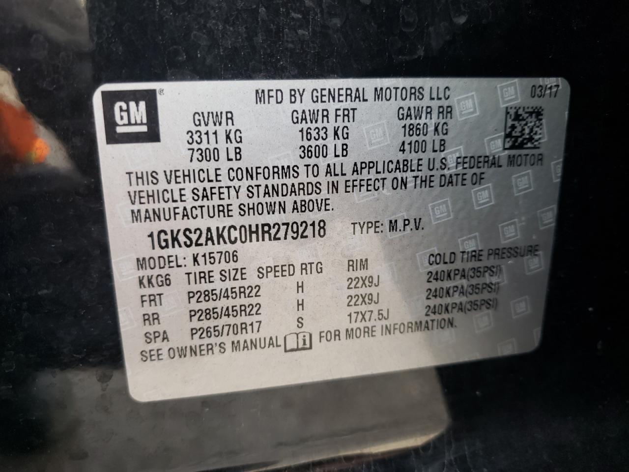 Photo 10 from auction – 2017 GMC YUKON SLE with VIN 1GKS2AKC0HR279218