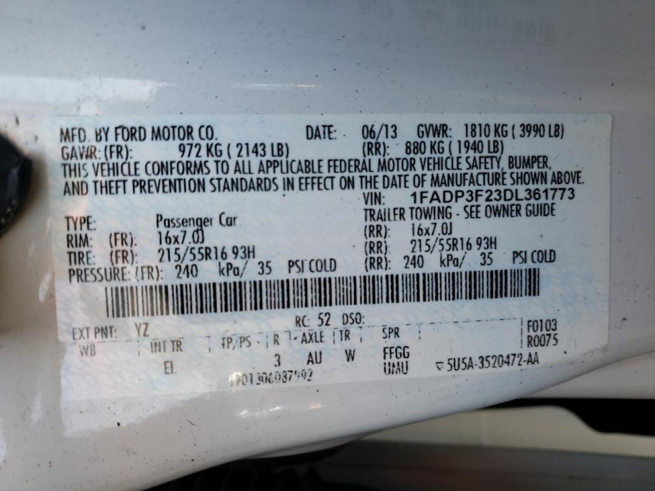 Photo 10 from auction – 2013 FORD FOCUS SE with VIN 1FADP3F23DL361773