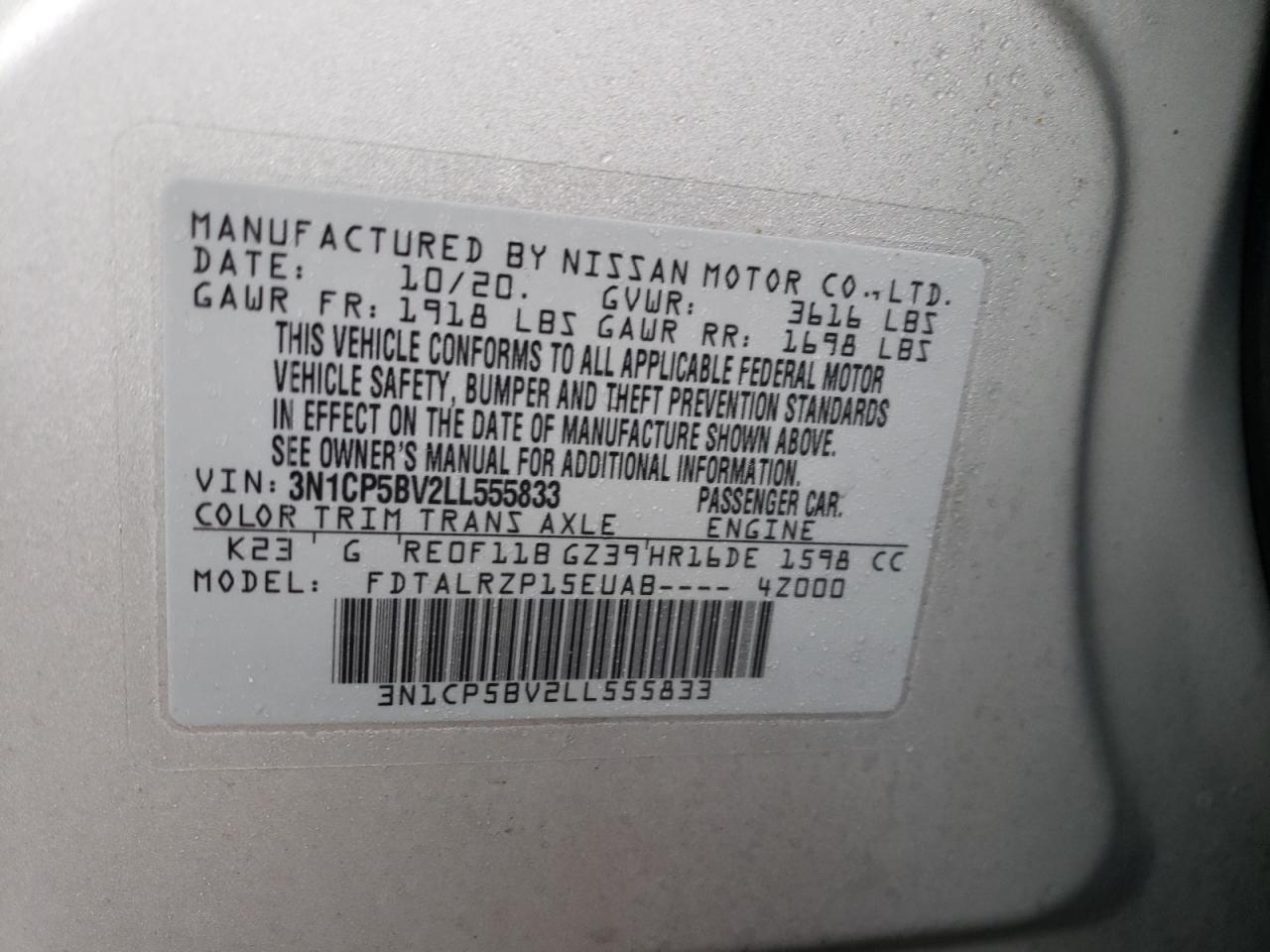 Photo 10 from auction – 2020 NISSAN KICKS S with VIN 3N1CP5BV2LL555833