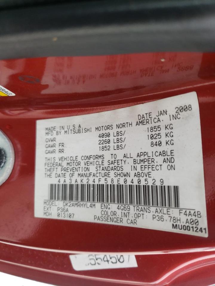 Photo 10 from auction – 2008 MITSUBISHI ECLIPSE GS with VIN 4A3AK24F58E040529