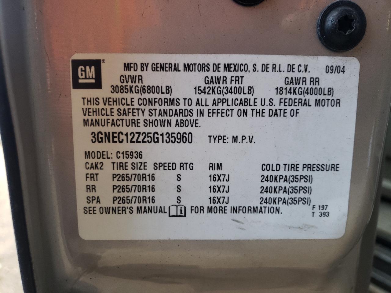 Photo 10 from auction – 2005 CHEVROLET AVALANCHE with VIN 3GNEC12Z25G135960