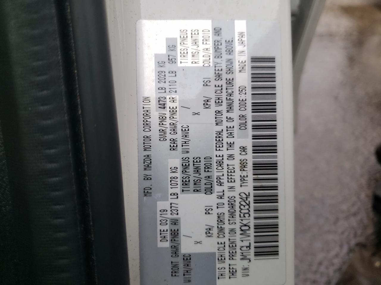 Photo 10 from auction – 2019 MAZDA 6 TOURING with VIN JM1GL1VM0K1503242