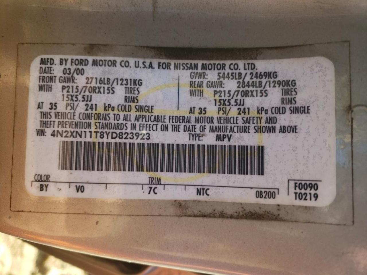 Photo 10 from auction – 2000 NISSAN QUEST with VIN 4N2XN11T8YD823923