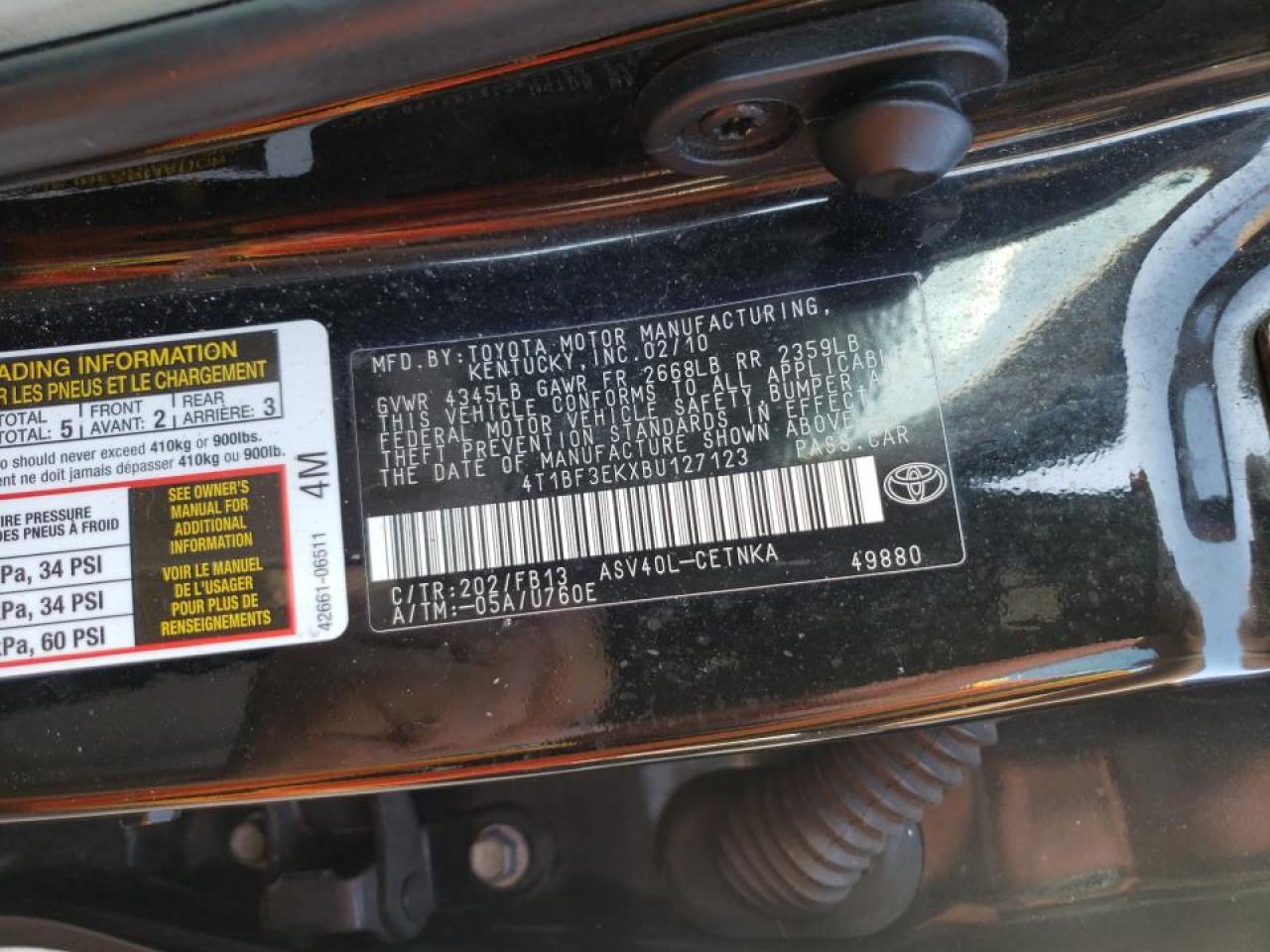 Photo 10 from auction – 2011 TOYOTA CAMRY BASE with VIN 4T1BF3EKXBU127123
