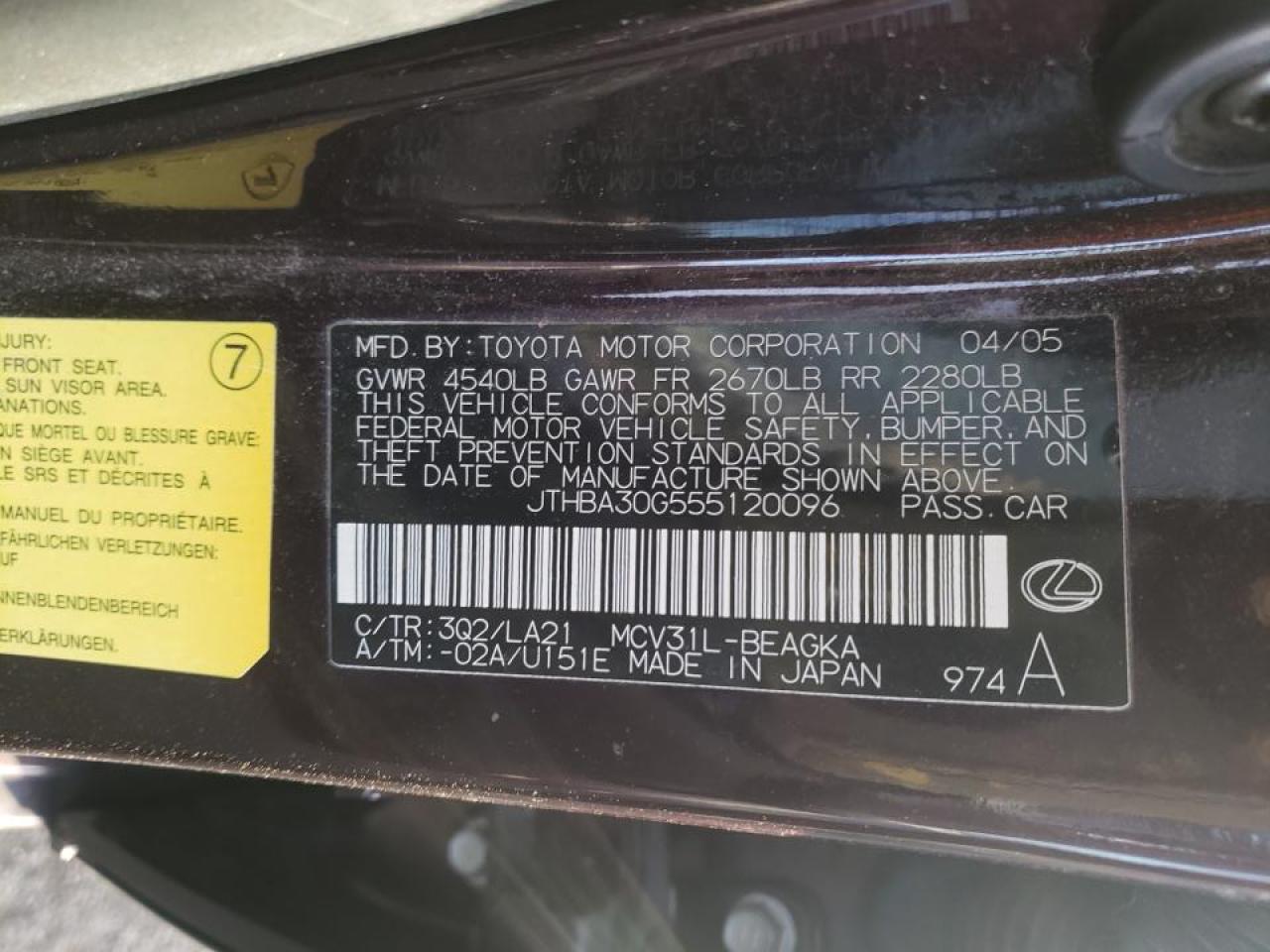 Photo 10 from auction – 2005 LEXUS ES330 with VIN JTHBA30G555120096