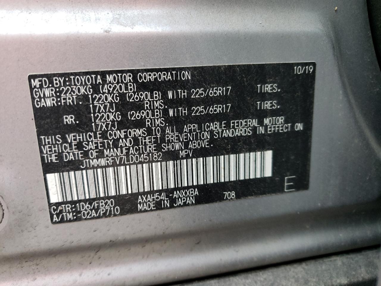 Photo 10 from auction – 2020 TOYOTA RAV4 LE with VIN JTMMWRFV7LD045182
