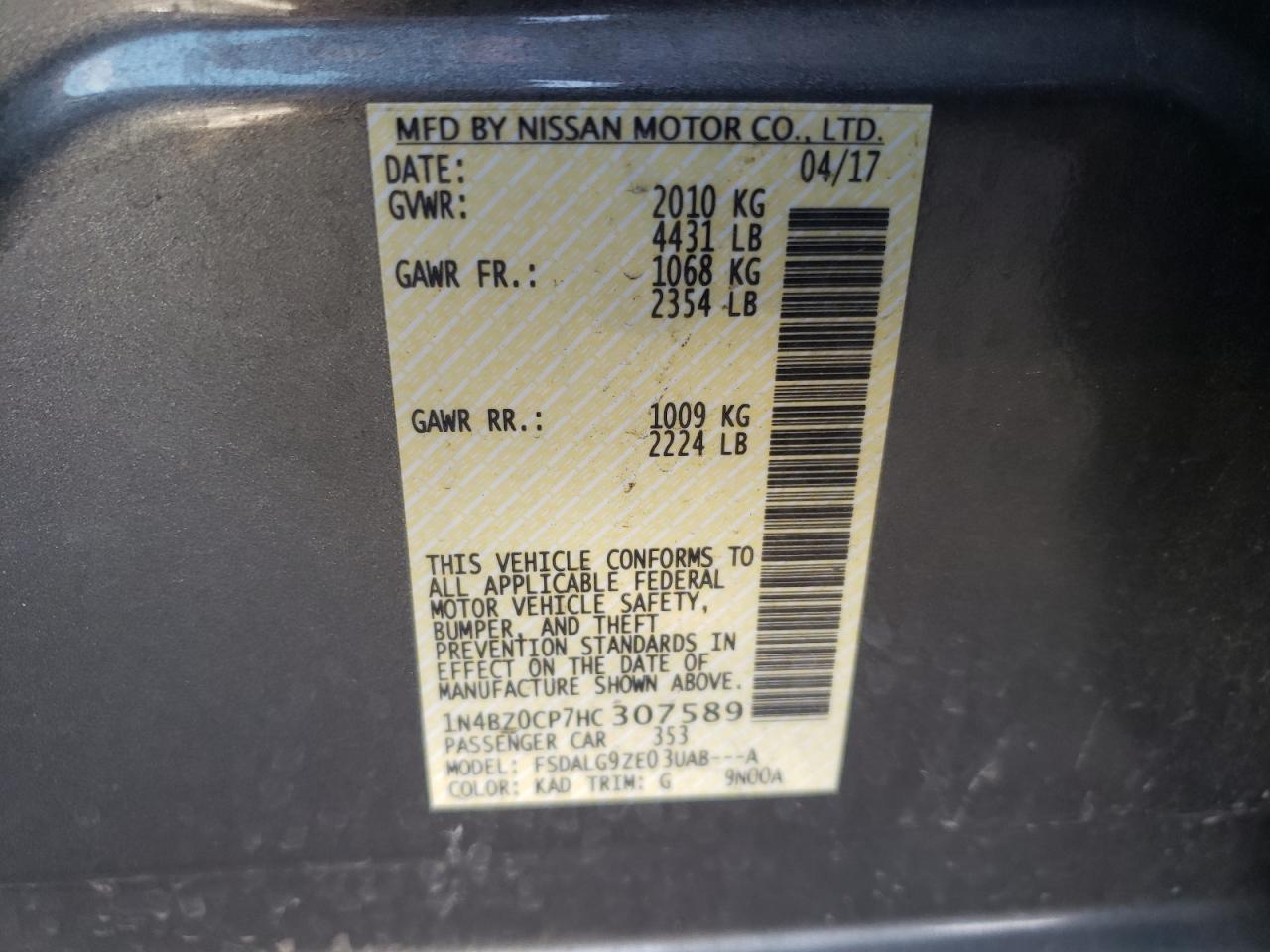 Photo 10 from auction – 2017 NISSAN LEAF S with VIN 1N4BZ0CP7HC307589