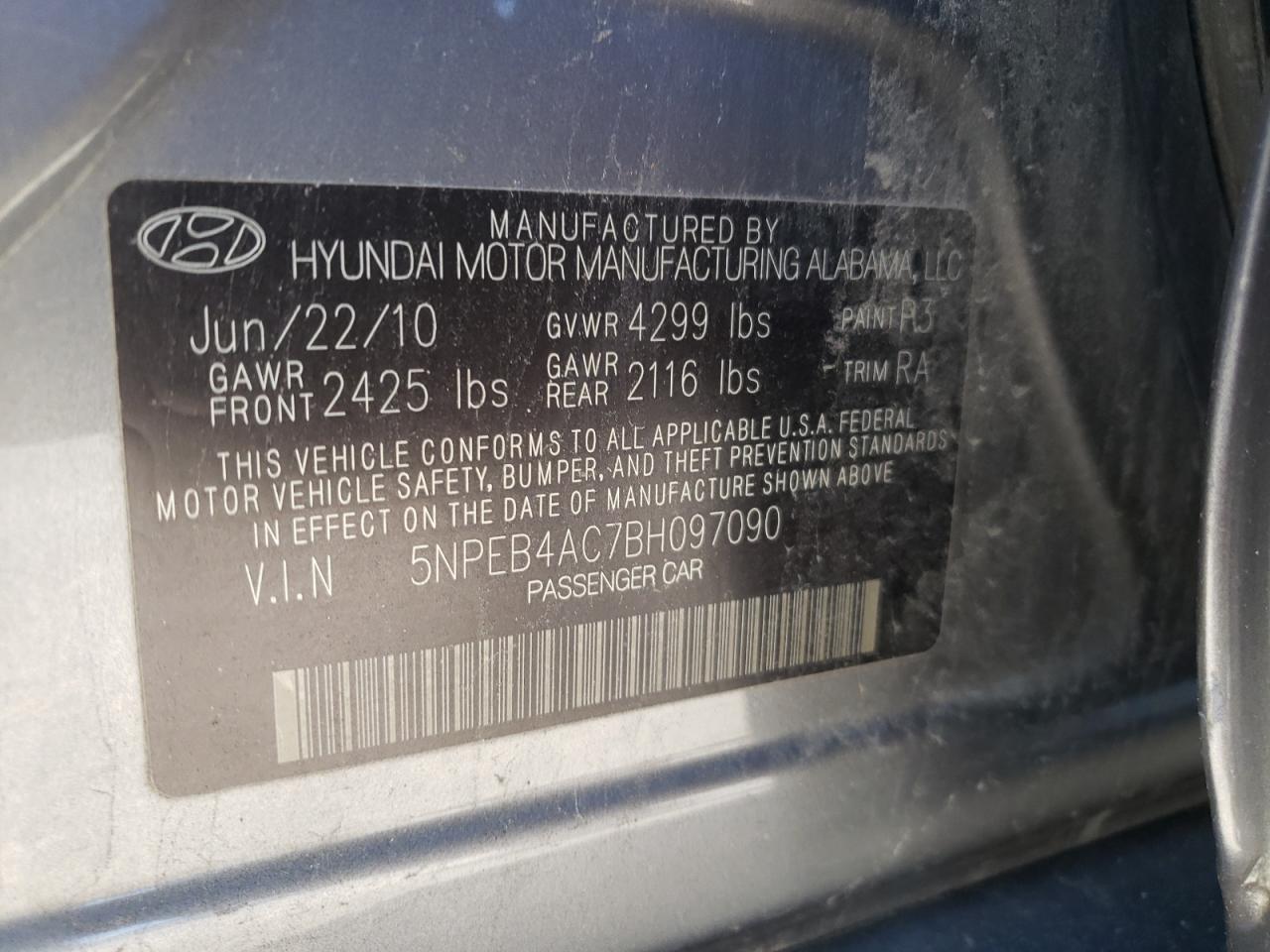 Photo 10 from auction – 2011 HYUNDAI SONATA GLS with VIN 5NPEB4AC7BH097090