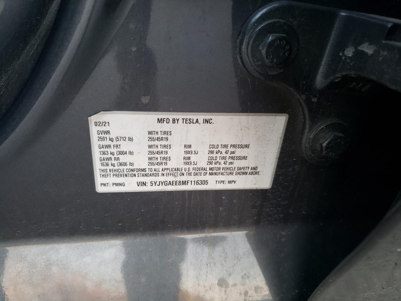 Photo 10 from auction – 2021 TESLA MODEL Y with VIN 5YJYGAEE8MF116305