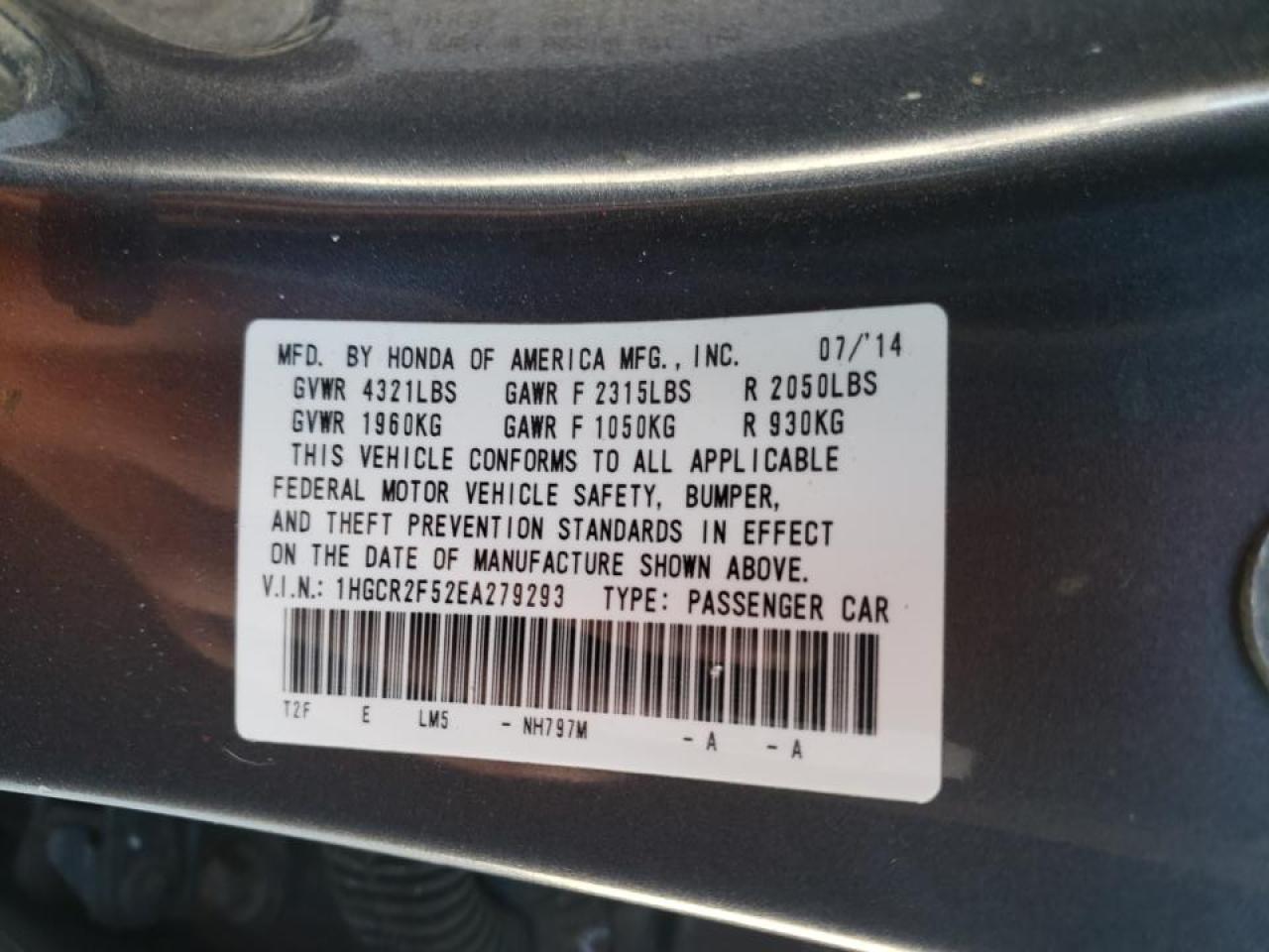 Photo 10 from auction – 2014 HONDA ACCORD SPO with VIN 1HGCR2F52EA279293