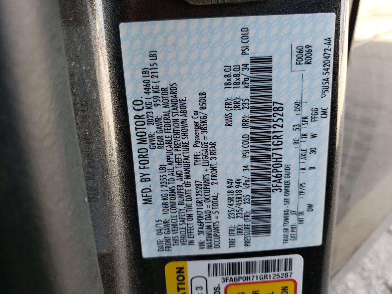 Photo 10 from auction – 2016 FORD FUSION SE with VIN 3FA6P0H71GR125287