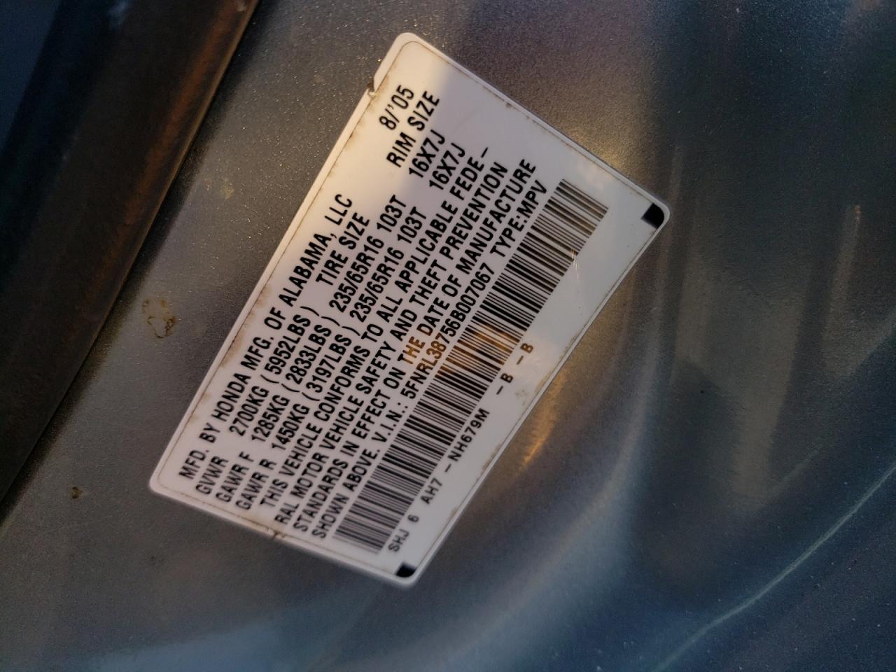 Photo 10 from auction – 2006 HONDA ODYSSEY EX with VIN 5FNRL38756B007067