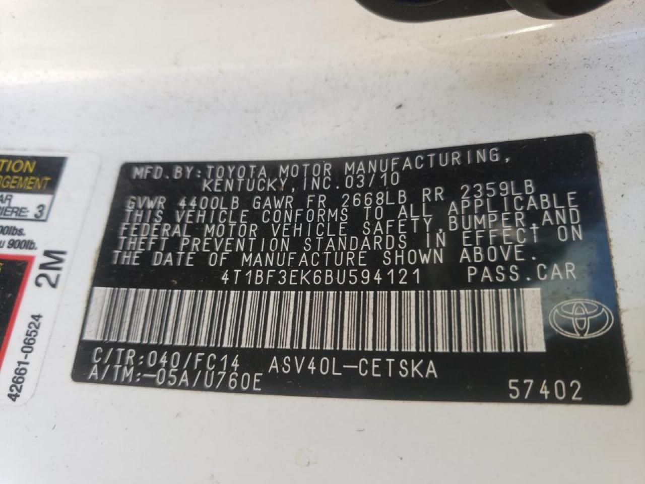 Photo 10 from auction – 2011 TOYOTA CAMRY BASE with VIN 4T1BF3EK6BU594121