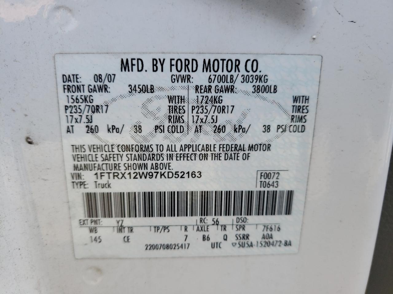 Photo 10 from auction – 2007 FORD F150 with VIN 1FTRX12W97KD52163