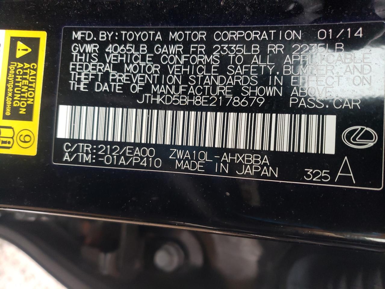 Photo 10 from auction – 2014 LEXUS CT 200 with VIN JTHKD5BH8E2178679