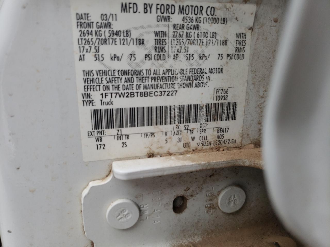 Photo 10 from auction – 2011 FORD F250 SUPER with VIN 1FT7W2BT8BEC37227
