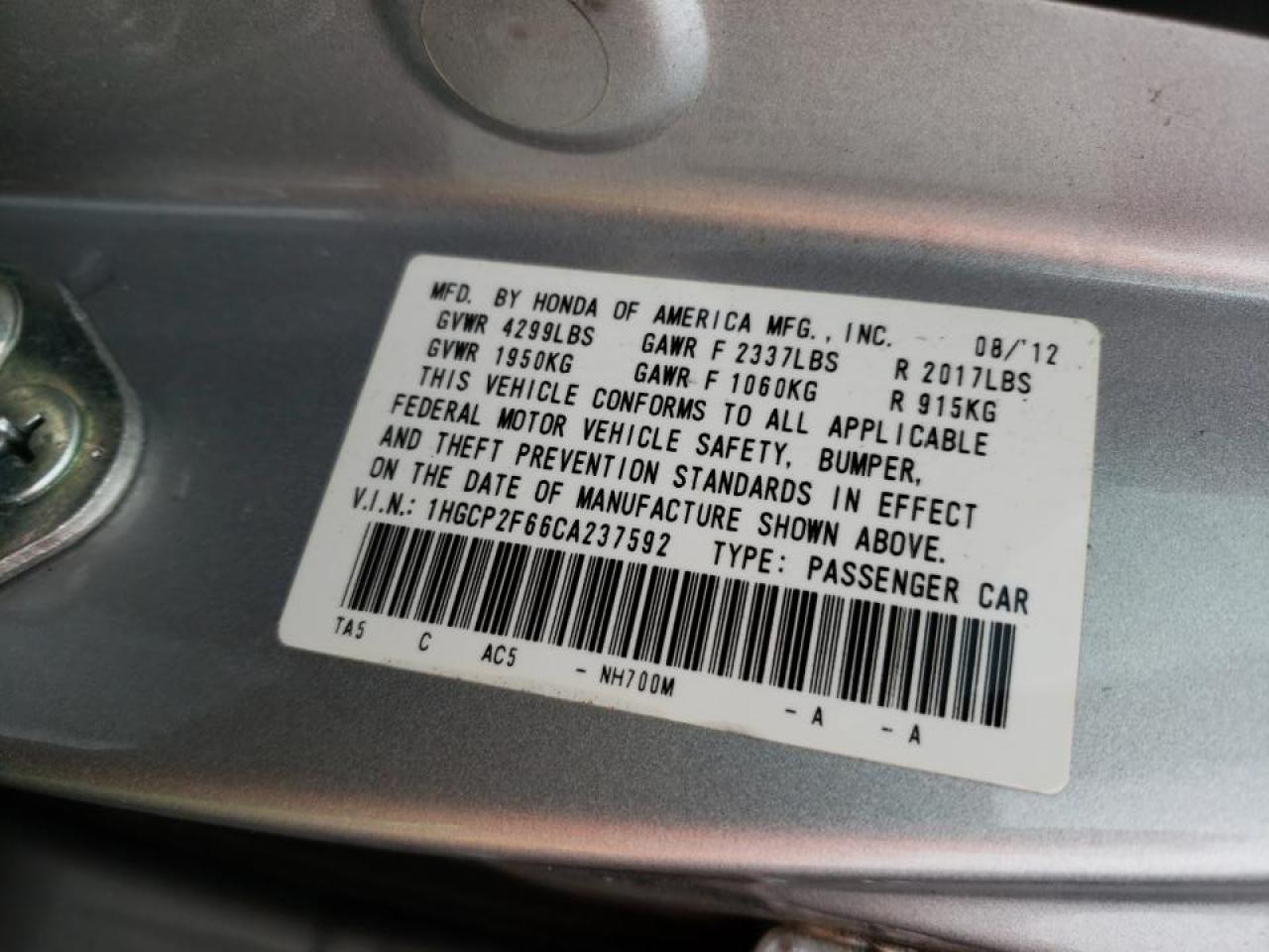 Photo 10 from auction – 2012 HONDA ACCORD SE with VIN 1HGCP2F66CA237592