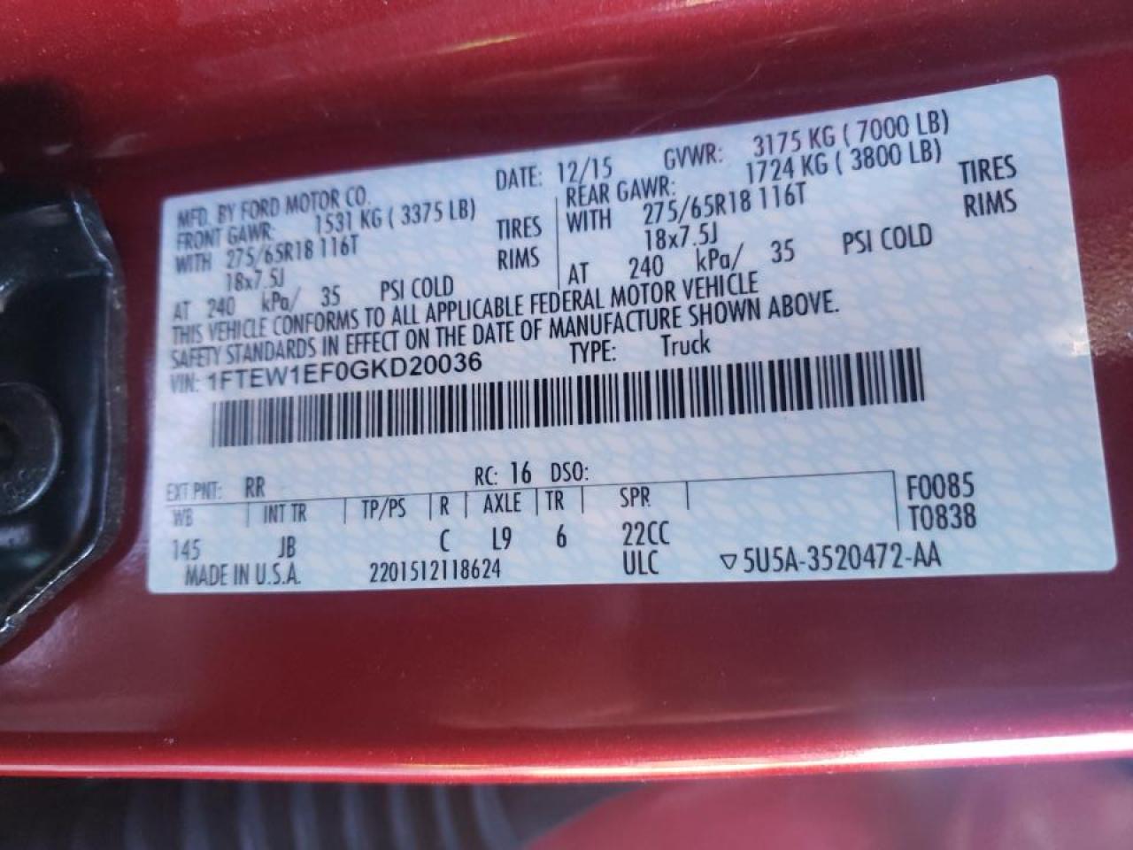 Photo 10 from auction – 2016 FORD F150 SUPER with VIN 1FTEW1EF0GKD20036