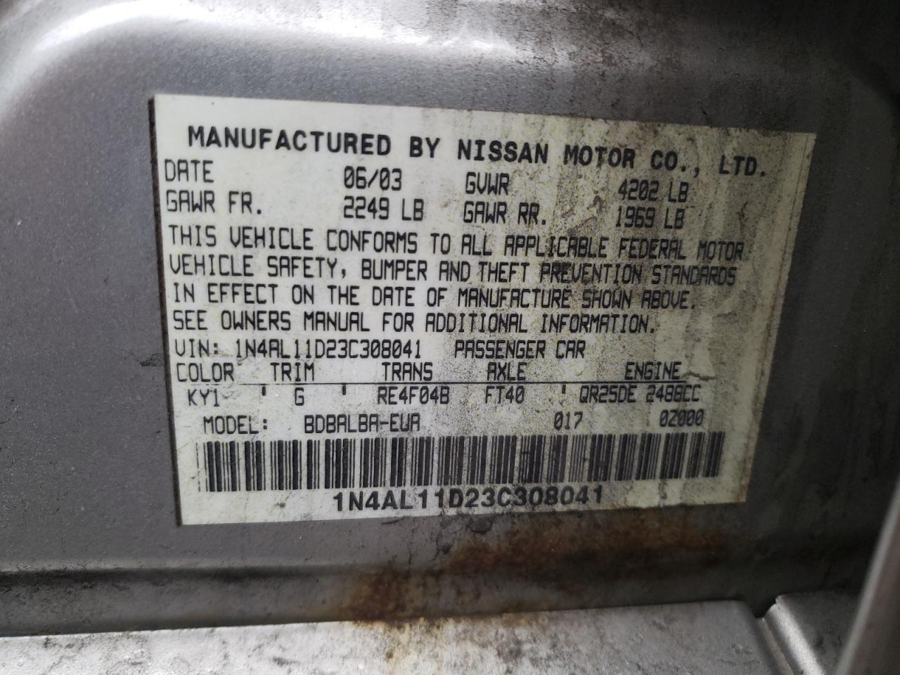 Photo 10 from auction – 2003 NISSAN ALTIMA BAS with VIN 1N4AL11D23C308041