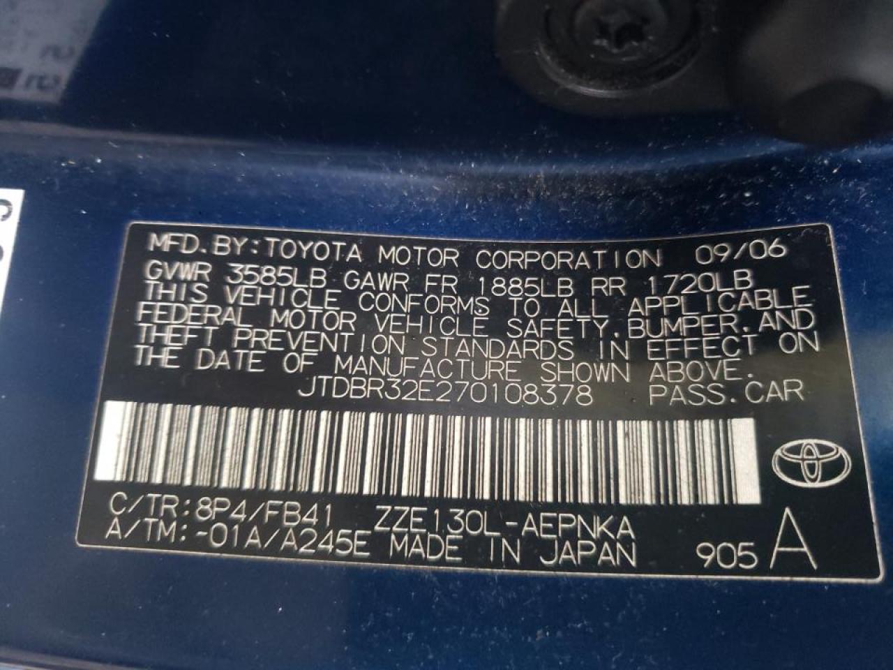 Photo 10 from auction – 2007 TOYOTA COROLLA CE with VIN JTDBR32E270108378