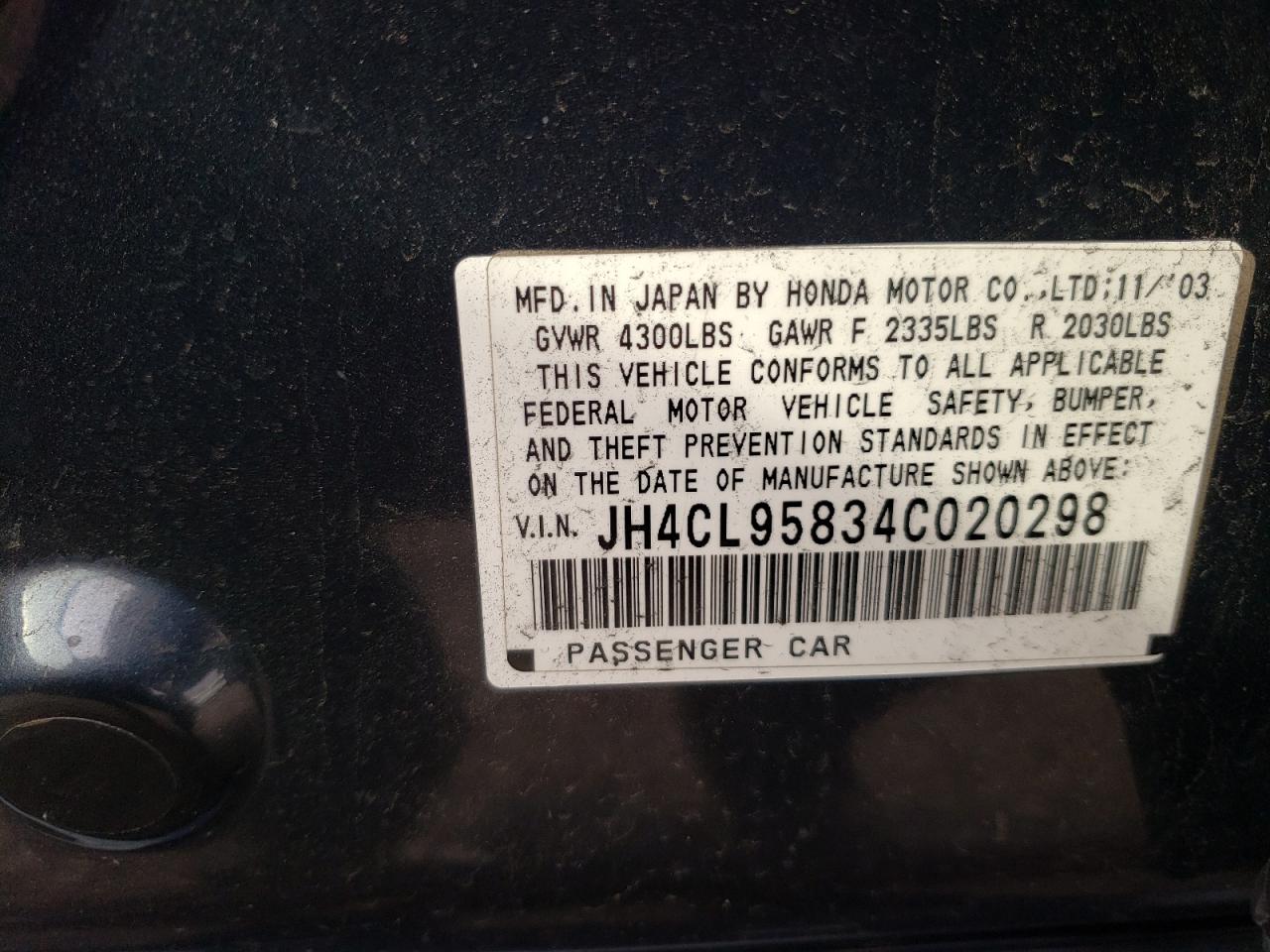 Photo 10 from auction – 2004 ACURA TSX with VIN JH4CL95834C020298