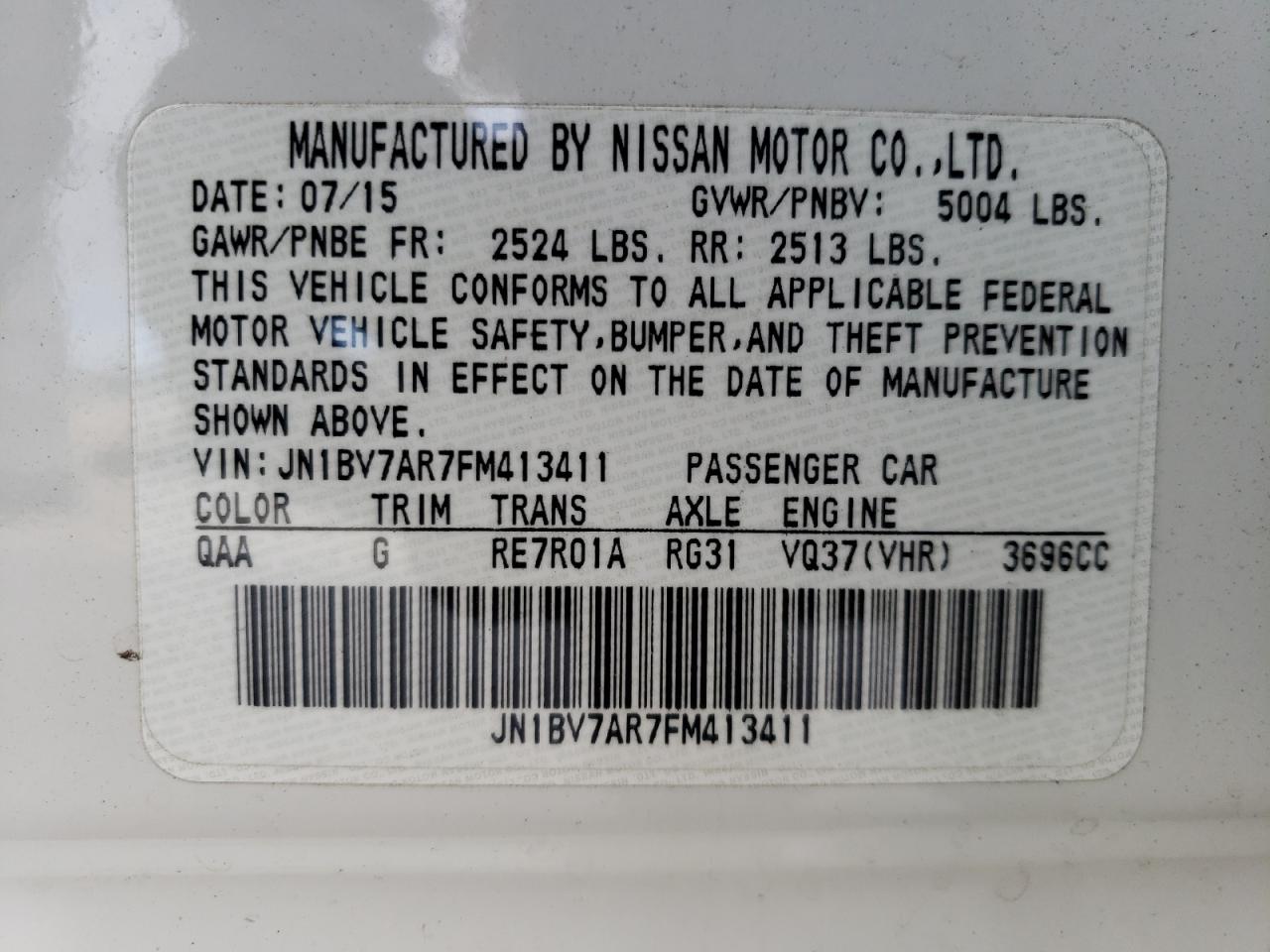 Photo 10 from auction – 2015 INFINITI Q50 BASE with VIN JN1BV7AR7FM413411