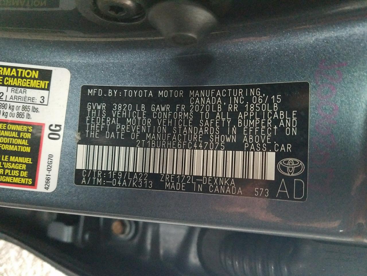 Photo 10 from auction – 2015 TOYOTA COROLLA L with VIN 2T1BURHE6FC447075