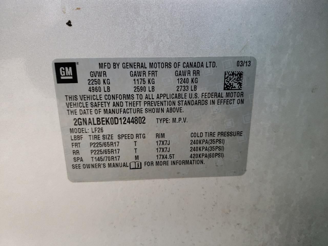 Photo 10 from auction – 2013 CHEVROLET EQUINOX LS with VIN 2GNALBEK0D1244802
