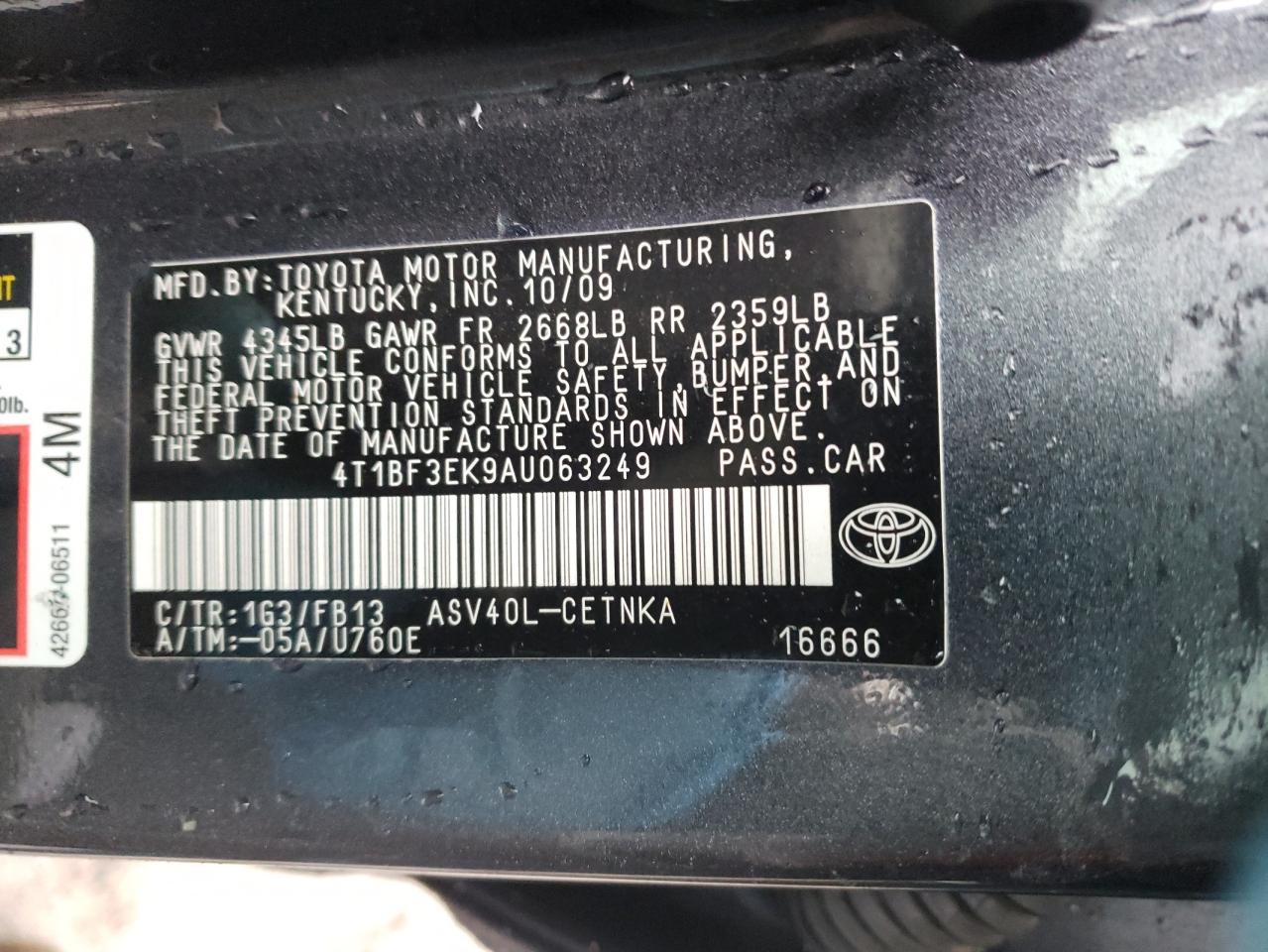 Photo 10 from auction – 2010 TOYOTA CAMRY BASE with VIN 4T1BF3EK9AU063249