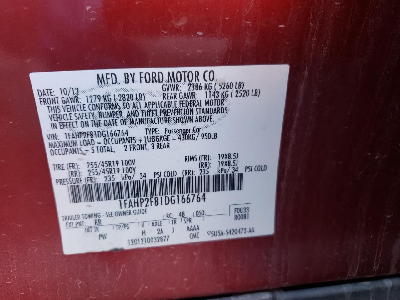 Photo 10 from auction – 2013 FORD TAURUS LIM with VIN 1FAHP2F81DG166764