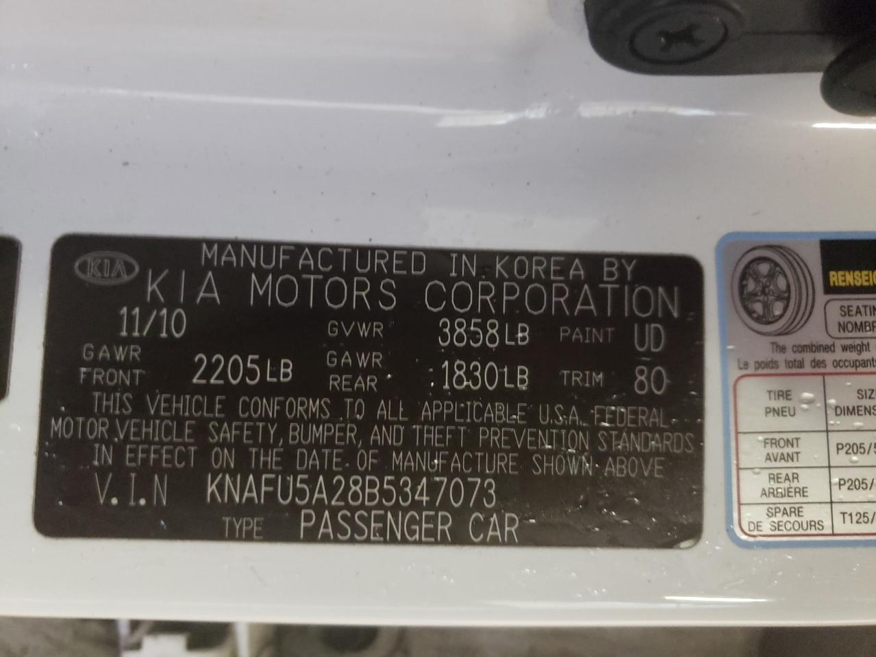 Photo 10 from auction – 2011 KIA FORTE EX with VIN KNAFU5A28B5347073