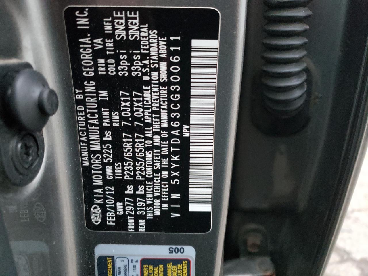 Photo 10 from auction – 2012 KIA SORENTO BA with VIN 5XYKTDA63CG300611