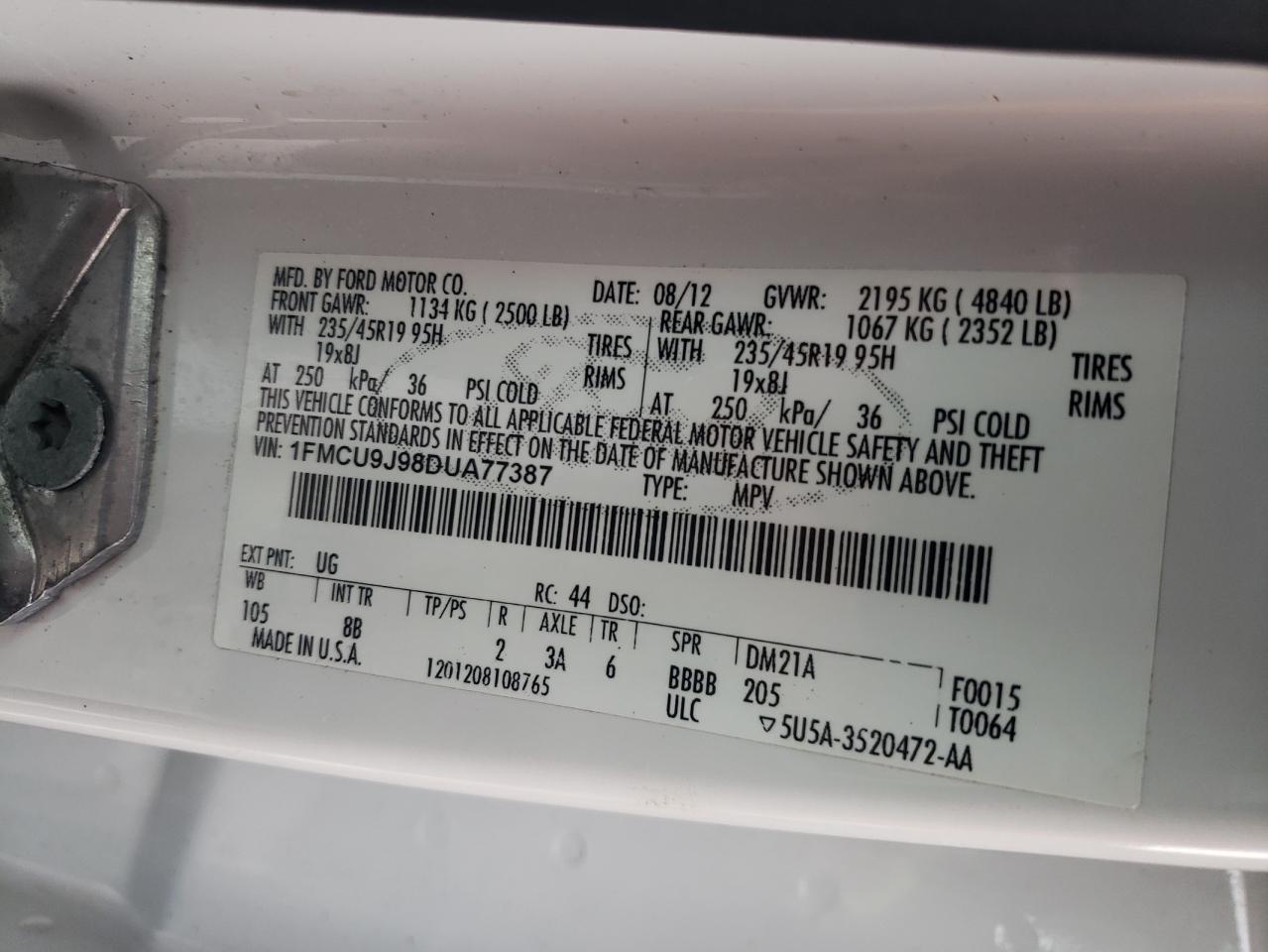 Photo 10 from auction – 2013 FORD ESCAPE TIT with VIN 1FMCU9J98DUA77387