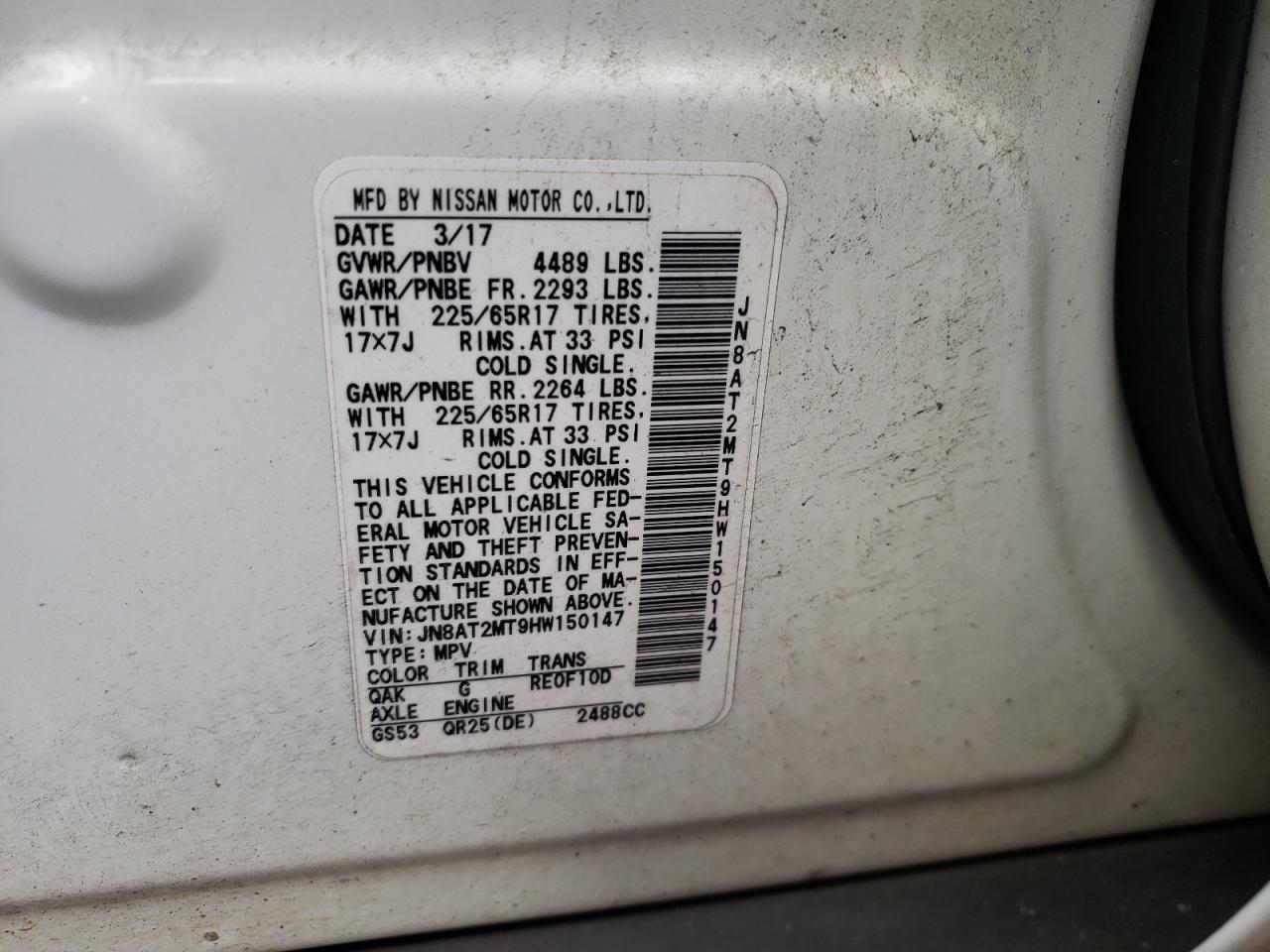 Photo 10 from auction – 2017 NISSAN ROGUE S with VIN JN8AT2MT9HW150147