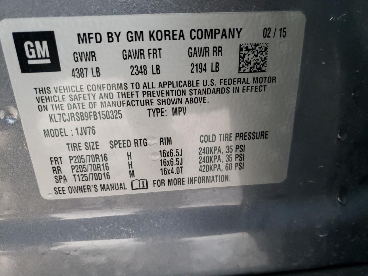 Photo 10 from auction – 2015 CHEVROLET TRAX 1LT with VIN KL7CJRSB9FB150325