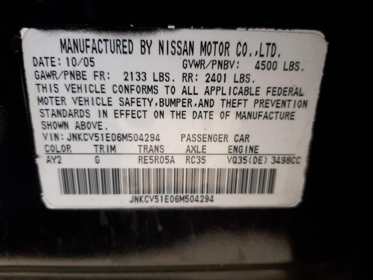 Photo 10 from auction – 2006 INFINITI G35 with VIN JNKCV51E06M504294