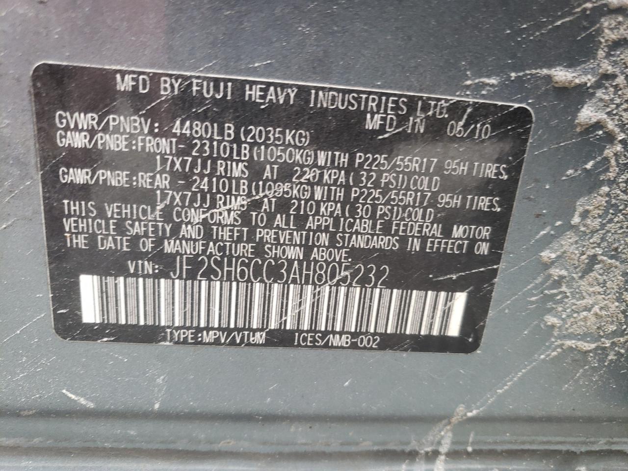 Photo 10 from auction – 2010 SUBARU FORESTER 2 with VIN JF2SH6CC3AH805232